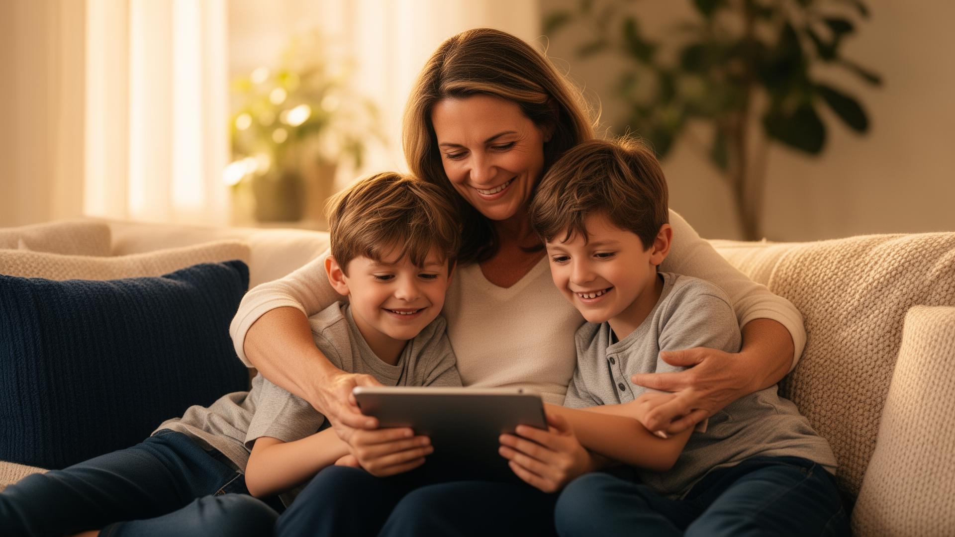 A parent reading on a sofa with a child nearby